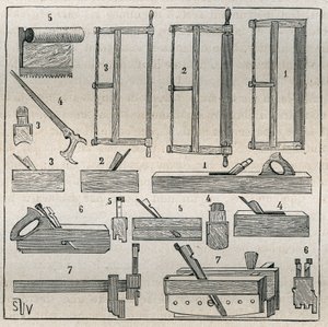 Ebenisterie: الأدوات والمناشير والتخطيط المعتادة. نقش من عام 1885 في "" Les Arts et metiers Illustres "" لأدولف بيتارد. بواسطة المدرسة الفرنسية