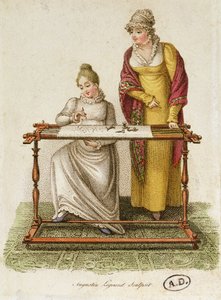 التطريز ، حوالي 1810-20 (نقش ملون) بواسطة المدرسة الفرنسية