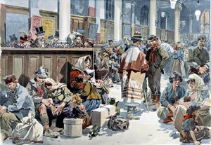 مهاجرون يمرون بمحطة قطار St Lazare (Saint Lazare) (Saint Lazare) في باريس ، في طريقهم إلى أمريكا ، أواخر القرن التاسع عشر بواسطة المدرسة الفرنسية