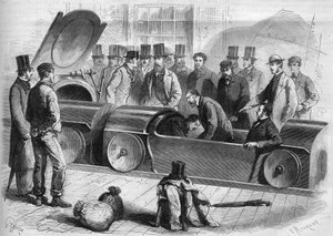 إنجلترا 1865: سكة حديد لندن الجوية. بدأ دوق باكنغهام والعديد من أعضاء الشركة الرحلة الهوائية. نقش من عام 1865. بواسطة المدرسة الفرنسية