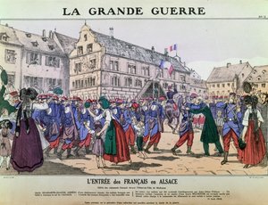 دخول الجيش الفرنسي إلى ميلوز ، الألزاس ، 9 أغسطس 1914 (لون ليثو) بواسطة المدرسة الفرنسية
