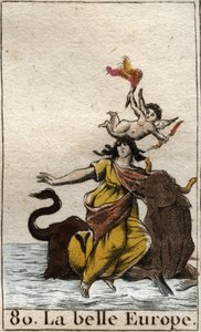 يوروبا الذي اختطفه زيوس على شكل ثور من "Mythologie de la jeunesse" لبيير بلانشارد 1803. بواسطة المدرسة الفرنسية
