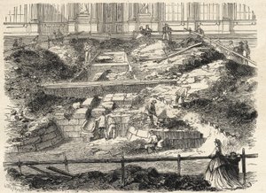 أعمال التنقيب في Cour Carree du Louvre - اكتشاف أساسات برج فيليب أوغست السابق - حفريات نُفِّذت في فناء متحف اللوفر - تحديث أسس جولة فيليب أوغست السابقة - نقش في "Le monde i" بواسطة المدرسة الفرنسية