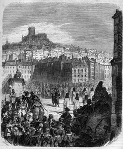 إعدام Henri Coiffier de Ruze d'Effiat ، Marquis of Cinq-Mars (Cinq Mars) (1620-1642) ، "المفضل" للملك لويس الثالث عشر وفرانسوا أوغست دي تو (1607-1642) ، القاضي الفرنسي في Place des Terreaux in ليون. نقش في "Histoire des Papes-Rois-Queen بواسطة المدرسة الفرنسية