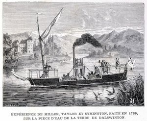 تجربة ميلر وتايلور وسيمينجتون ، التي تم إجراؤها عام 1789 ، على قطعة مائية من أرض دالسوينتون - في ألبوم العلوم "" ؛ علماء لامعون الاكتشافات العظيمة "" "1896. بواسطة المدرسة الفرنسية