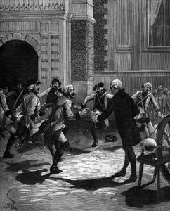 تجربة زجاجة Leiden بواسطة Abbe Jean Antoine Nollet (Jean-Antoine) (1700-1770) ، عالم الفيزياء الفرنسي في فرساي ، حيث تم ضرب 180 حارساً في نفس الوقت. بواسطة المدرسة الفرنسية