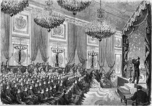التجارب الفيزيائية التي أجراها هنري روبن (حوالي 1803-1874) تكريما لأفضل طلاب مدرسة ليسيه دي باريس ، وهو عرض قدمه الأمير الإمبراطوري في قصر التويلري ، 27 يناير 1865. الحاضر: الأمير الإمبراطوري ، ابن من ن بواسطة المدرسة الفرنسية