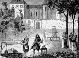 تجربة قام بها ليمونير في عام 1746 في دير شارترو لتقدير سرعة الكهرباء - في ألبوم de la Science؛ علماء لامعون الاكتشافات العظيمة "" "1896. بواسطة المدرسة الفرنسية