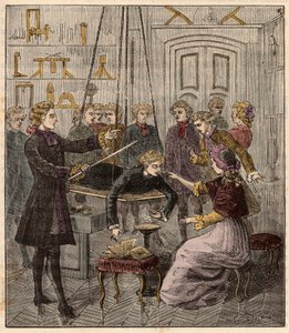 تجربة سور l'electricite للآب جان أنطوان (جان أنطوان) نوليت (1700-1770) - تجربة كهربائية أجراها على رجل بواسطة Abbe Jean Antoine Nollet (1700-70) في خزانة فيزيائية - نقش في "Science à la gratete de tous - الفيزياء والكيمياء popu بواسطة المدرسة الفرنسية
