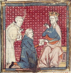 F.117r رسل يخبرون شارلمان بفوزه على المسلمين ، من Grandes Chroniques de France ، 1375-79 بواسطة المدرسة الفرنسية