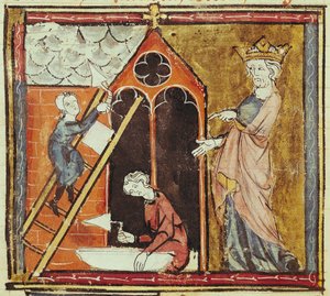 F.235v الملك لويس السادس (1080-1137) يشاهد بناء كنيسة من Grandes Chroniques de France 1375-79 بواسطة المدرسة الفرنسية