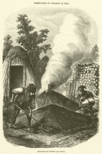 Fabrication du charbon par meules (engraving) بواسطة المدرسة الفرنسية