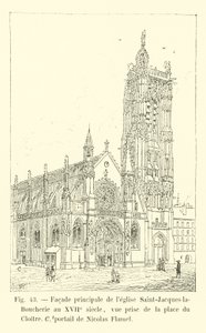 الواجهة الرئيسية لكنيسة Saint-Jacques-la-Boucherie في القرن السابع عشر ، منظر مأخوذ من Place du Cloitre ، بوابة نيكولاس فلاميل بواسطة المدرسة الفرنسية