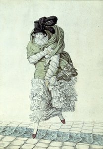 لوحة أزياء تصور سيدة تعبر مجري مياه الصرف الصحي ، 1811 (نقش ملون) بواسطة المدرسة الفرنسية