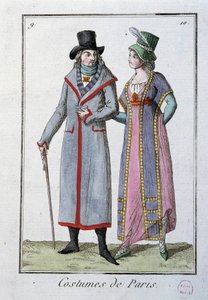 الموضة تحت Directoire: زوجان من الباريسيين الأنيقين. طباعة حجرية مجهولة عام 1795. باريس ، متحف الأزياء بواسطة المدرسة الفرنسية