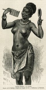 Femme Okanda has her toilet, drawing by D.Maillard, to illustrate the story of a trip to Gabon and the Ogoue River, in 1875-1877, by Alfred Marche. Engraving in Le tour du monde بواسطة المدرسة الفرنسية