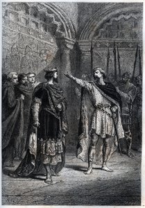 النظام الإقطاعي: "من جعلك ملكًا؟ "": Audebert (Adalbert) ، كونت Perigord (968-995) ، يرد بوقاحة على King Hugues Capet (938-996) الذي سأله عمن جعله يحسب - نقش إطار "Histoire de France" لـ Guizot بواسطة المدرسة الفرنسية