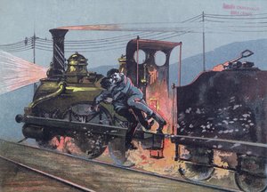 قتال بين جاك لانتييه (1840-1870) وبيكو في القطار ، Le Lison ، مشهد من La Bete Humaine بواسطة Emila Zola (1840-1902) توضيح من Le Petit Rouennais بواسطة المدرسة الفرنسية