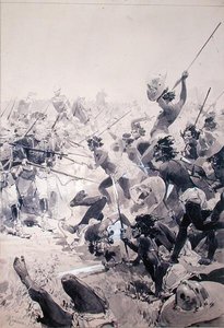 القتال بين زولوس والجنود الإنجليز ، حوالي 1878 (ألوان مائية على ورق) بواسطة المدرسة الفرنسية