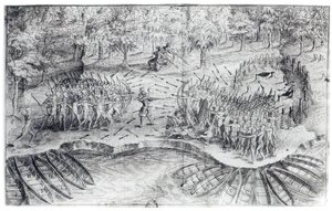 محاربة هورونز ، من "رحلة دي شامبلين عام 1624" بقلم صامويل دي شامبلين (1567-1635) بواسطة المدرسة الفرنسية
