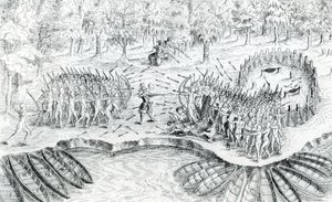 قتال هورونز ، من رحلة دي شامبلين عام 1624 بقلم صامويل دي شامبلين ، 1567-1635 بواسطة المدرسة الفرنسية