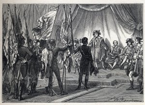 التحالف الأول: يواكيم مراد (1767-1815) يقدم للمجلس التنفيذي الأعلام التي احتلها الجيش الفرنسي بقيادة نابليون بونابرت خلال الحملة الإيطالية. نقش من عام 1889. مجموعة خاصة. بواسطة المدرسة الفرنسية