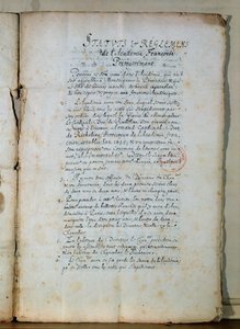 الصفحة الأولى من النظام الأساسي للأكاديمية الفرنسية ، 1635 (حبر على ورق) (انظر أيضًا 179947) بواسطة المدرسة الفرنسية
