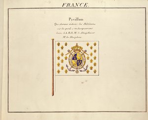 علم دوفين ودوفين ، لويس أنطوان وماري تيريز من فرنسا ، من Pavillons des Puissances Maritimes ، c.1815-30 (نقش الألوان) بواسطة المدرسة الفرنسية