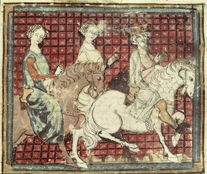 Fol.31r Chilperic I (543-97) و Fredegonde على ظهور الخيل ، من Grandes Chroniques de France ، 1375-79 بواسطة المدرسة الفرنسية