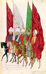 الورقة 41 من الرجال الذين يتبعون المعايير بعد سيطرة الحرب ، من كتاب "Meurs et Costumes des Pays Orientales et Habillements de Different Pays" ، نسخة من أصل 1513 بواسطة المدرسة الفرنسية