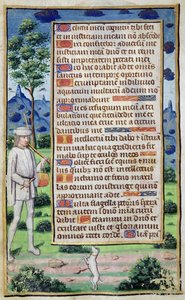 Fol.50v صفحة نصية بها إطار تفصيلي لموسيقي يصنع كلبه وهو يرقص ، من "Heures de l'Usage de Rome" (رق) بواسطة المدرسة الفرنسية