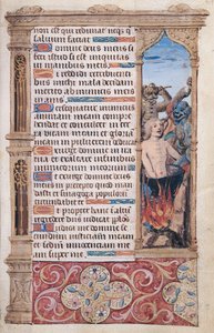 Fol.67r صفحة نص بها إطار تفصيلي لرجل يتعرض للتعذيب على يد شياطين ، من "Heures de l" Usage de Rome " بواسطة المدرسة الفرنسية