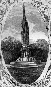 نافورة باريس: منظر لنافورة العذراء (نافورة نوتردام) (حوالي 1845). نقش في "" Le Monde Illustré "" رقم 254 بتاريخ 22 فبراير بواسطة المدرسة الفرنسية