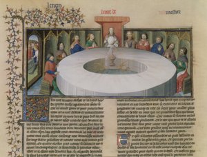 Fr.120 f.524v فرسان المائدة المستديرة من قصة لانسلوت ، من La Quite de Saint Graal بواسطة المدرسة الفرنسية