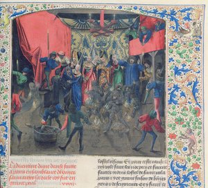 الاب 2646 f.176 بال دي اردنتس ، انقاذ دوقة بيري من قبل دوقة بيري بعد ان احرق لويس من اورليانز ملابس الراقصين ، 1392 ، من Froissarts Chronicle بواسطة المدرسة الفرنسية