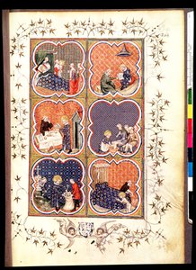 Fr 2813 f.265 ستة مشاهد من حياة سانت لويس (1215-70) ، من Grandes Chroniques de France ، 1375-79 بواسطة المدرسة الفرنسية