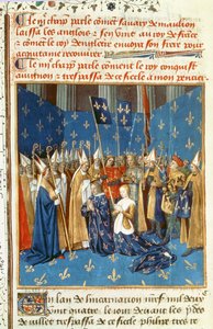 Fr 6465 f.247v تتويج لويس الثامن (1187-1226) وبلانش دي قشتالة في ريمس بحضور ملك القدس بواسطة المدرسة الفرنسية