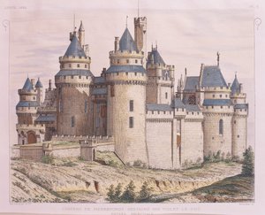 فرنسا ، قلعة Pierrefonds Medieval ، التي تم ترميمها بواسطة Violet le Duc من Moniteur des Architectes ، نقش بواسطة المدرسة الفرنسية