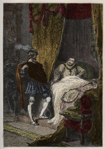 يفاجئ فرانسوا 1er (1494-1547) هنري الثامن (1491-1547) في الصباح في كامب دو دراب دور - فاجأ فرانسيس الأول هنري الثامن في حقول قماش الذهب - نقش من "" L'histoire de France racontee à mes grandenfants "" - بقلم فرانسوا جيزو - بواسطة المدرسة الفرنسية