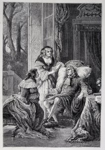 فرانسوا دي لا روشفوكولد (1613-1680) يتحدث مع مادموزيل دي سيفيني (ماري دي رابوتين-شانتال) ، ماركيز دي سيفيني ديت مدام دي سيفيني (1626-1696) وماري مادلين (ماري مادلين) بيوش دي لا فيرجن ، كونتيسة دي لافاييت (مدام دي لا ف بواسطة المدرسة الفرنسية