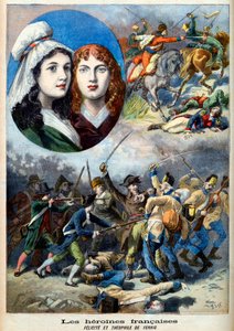 الثورة الفرنسية - البطلات الفرنسيات: الأختان فيليسيت (1770-1841) وتيوفيل (1875-1819) لفرنيج الذي قاتل بزي رجل ضد النمساويين لمشاهدة والدهم في عام 1792 - رسم توضيحي من "Le Petit Journal" في 7 أغسطس 1894 بواسطة المدرسة الفرنسية