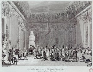 الثورة الفرنسية: أيام 28 و 29 و 30 البراري من السنة السابعة التي أدت في 18/06/1799 إلى انقلاب أبي إيمانويل جوزيف سييس (1748-1836) (أو انتقام المجالس) وشهدت استقالة العديد من مديري الترميدوريين. نقش o بواسطة المدرسة الفرنسية