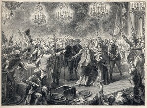 الثورة الفرنسية: الملكيون يقسمون الولاء للنظام الملكي في حضور الملك لويس السادس عشر (1754-1793) من الملكة ماري أنطوانيت (1755-1793) والدلفين في مأدبة الحراس الشخصيين التي نظمت في 1 أكتوبر 1789 في أورانجيري دو فرساي - بواسطة المدرسة الفرنسية