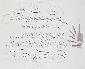 الخط الفرنسي: "" Les vrays Principes de l'art d'writing "، لوحة البداية لسيباستيان رويلت صنعت حوالي عام 1735. بواسطة المدرسة الفرنسية
