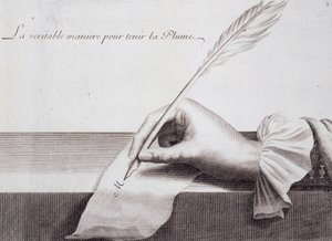 الخط الفرنسي: "" L'escriture financiereesentee dans sa naifvete "، نقش يوضح إمساك القلم من قبل لويس سينولت حوالي عام 1652. بواسطة المدرسة الفرنسية
