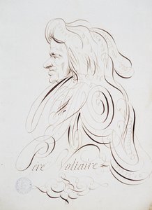الخط الفرنسي: صورة للأب فولتير رسمها برنار دي باريس حوالي عام 1780. المكتبة التاريخية لمدينة باريس. بواسطة المدرسة الفرنسية