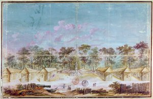 مستوطنون مستعمرون فرنسيون على شاطئ كورو ، غيانا عام 1763 (مرحاض على ورق) بواسطة المدرسة الفرنسية