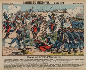 cuirassiers الفرنسيون يشحنون المشاة البروسيين في معركة Reichshoffen ، الحرب الفرنسية البروسية ، 6 أغسطس 1870 (نقش ملون) بواسطة المدرسة الفرنسية