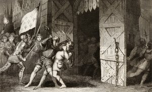 يهاجم الفرسان الفرنسيون مدينة تحت سيطرة اللغة الإنجليزية خلال حرب المائة عام ، من `` Histoire de France &39;&39; بواسطة Colart ، تم نشره عام 1840 بواسطة المدرسة الفرنسية