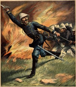 ضابط فرنسي في تونكين (الهند الصينية) أثناء معركة ضد الجيش الصيني؛ 1891. نقش في "La Terre Illustree" عدد 69 بتاريخ 25 فبراير 1892. بواسطة المدرسة الفرنسية